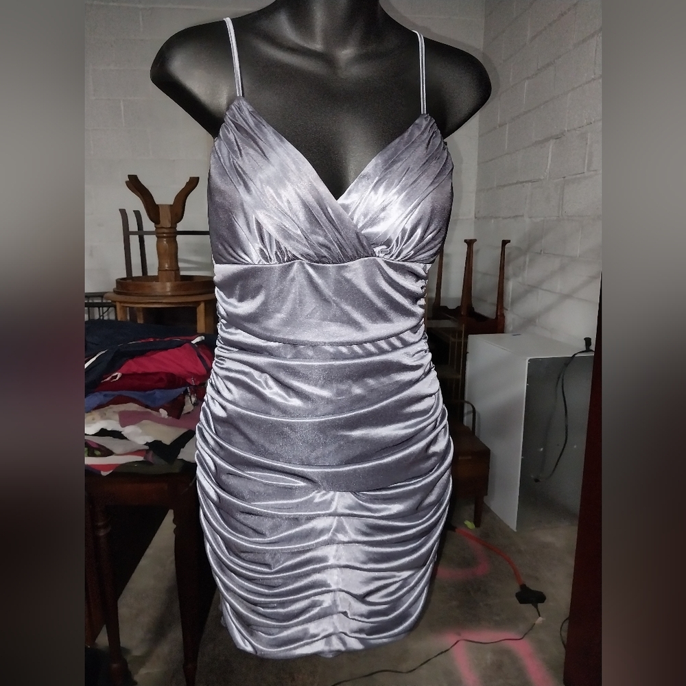 Elegant Love Tease Brand Shiny Blue Gray Ruched Dress